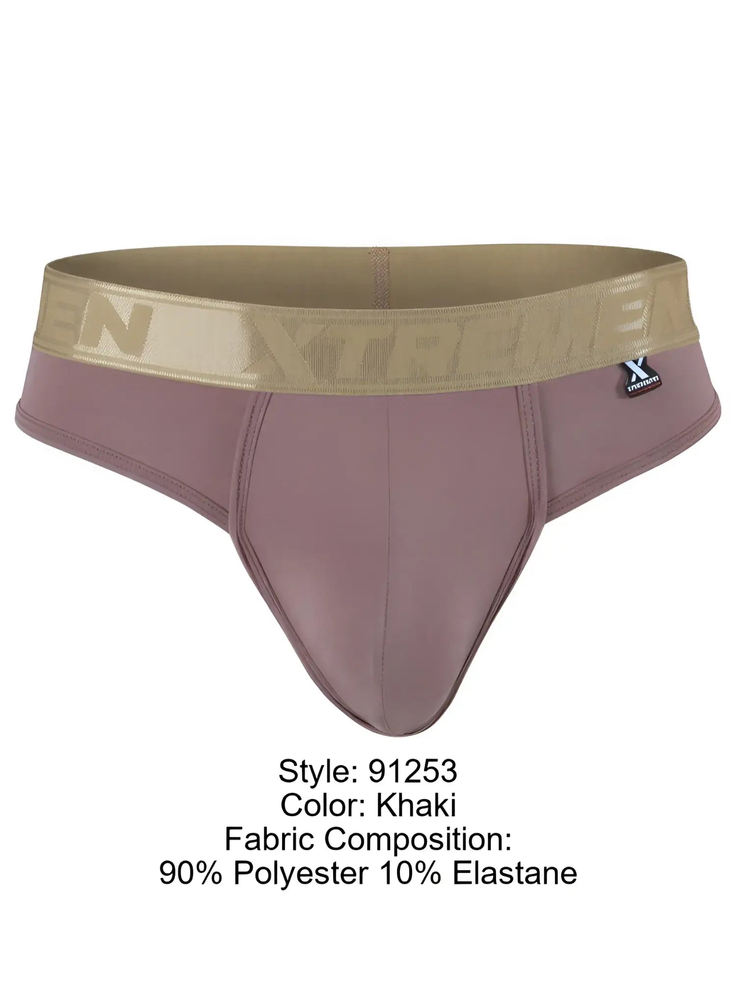 Xtremen 91253 khaki brief in 90% polyester, 10% elastane with branded gold waistband.