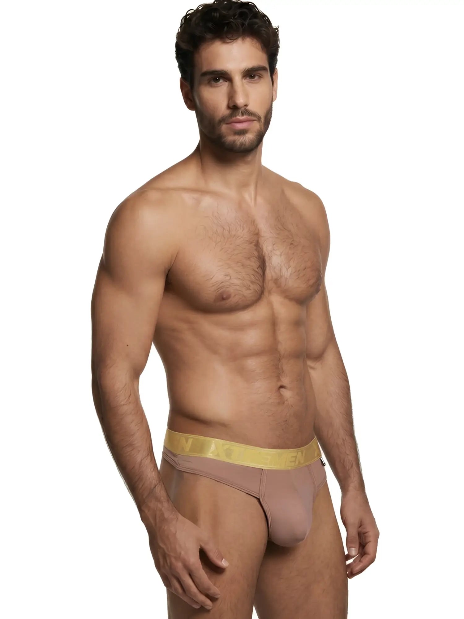 Xtremen men's nude-coloured thong with a gold logo waistband. Sleek, comfortable stretch fabric design.