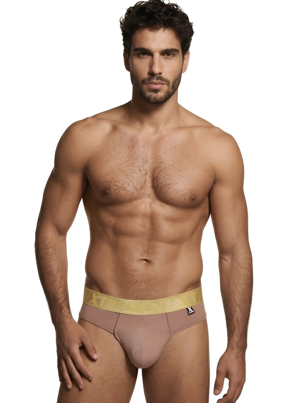 Xtremen men's brief in taupe, featuring a gold branded waistband and smooth stretch fabric. Model 75110.