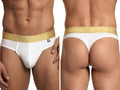 Xtremen men's white cotton thong with gold branded waistband. Front and back view of model.