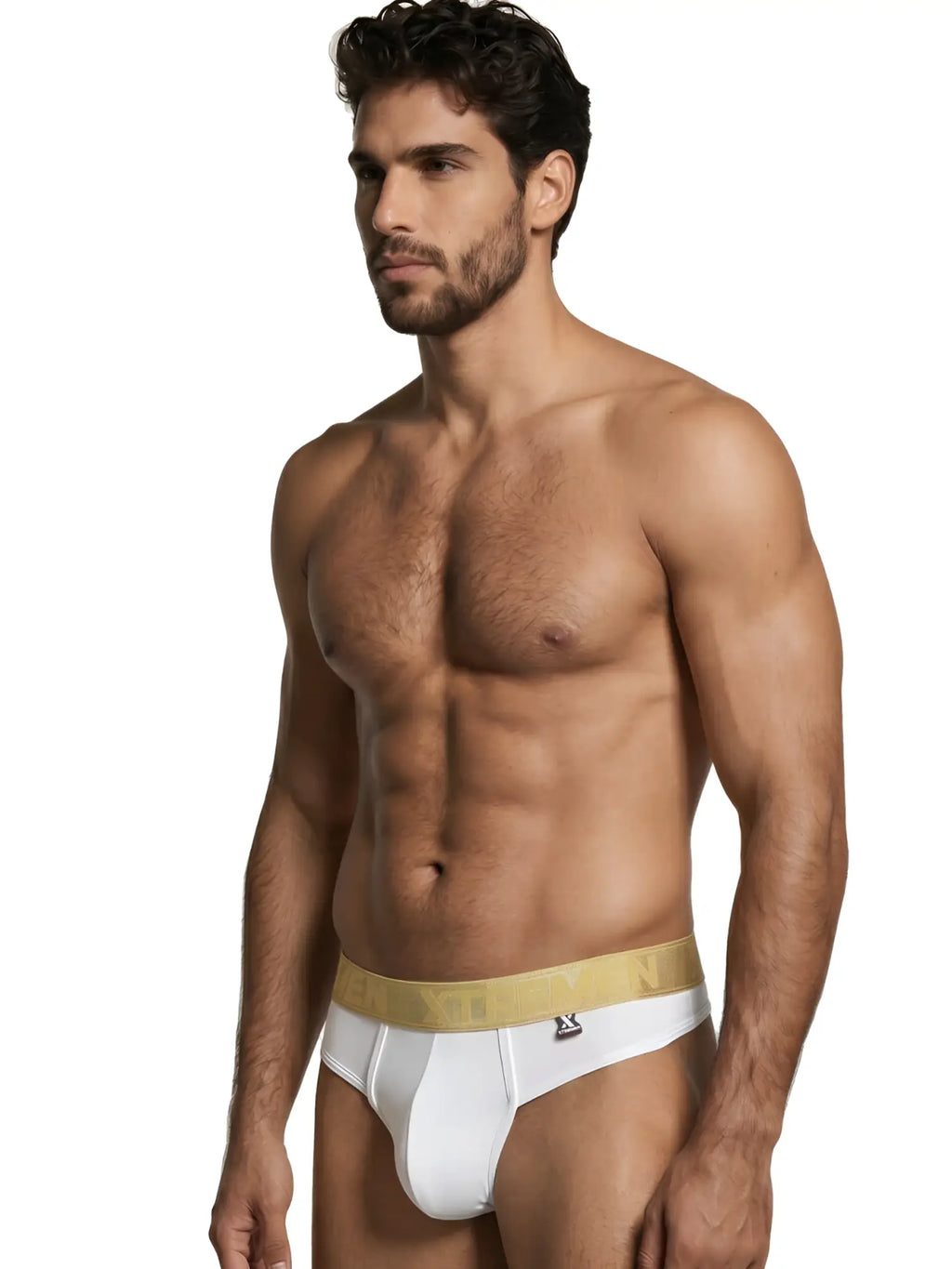 Xtremen white thong with a metallic gold waistband. Model 98516. Smooth, fitted fabric.