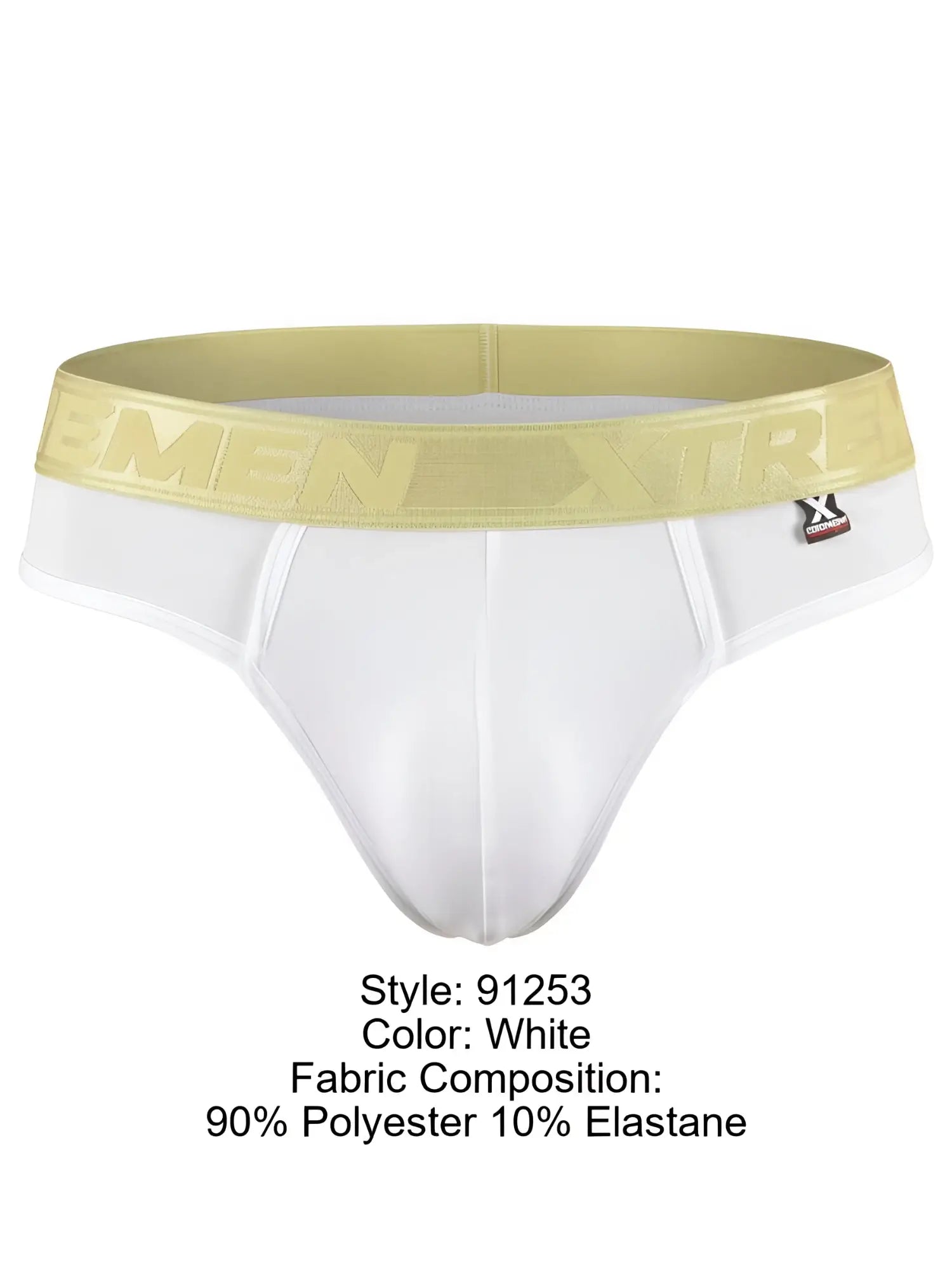 Xtremen 91253 white brief in polyester/elastane with a gold logo waistband.