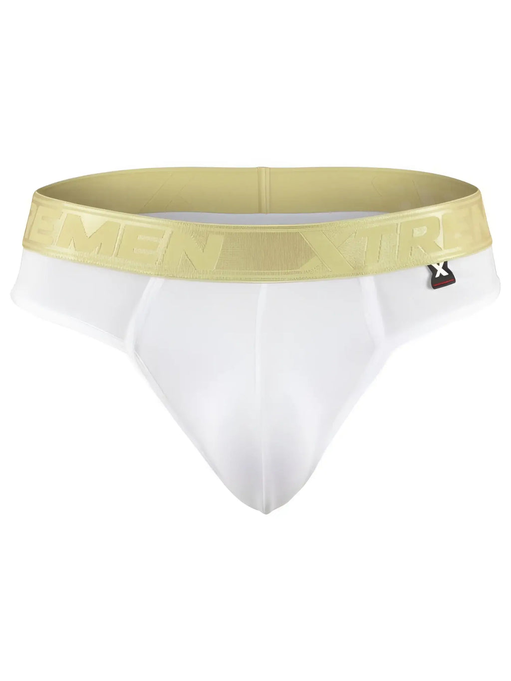 Xtremen white cotton bikini brief with metallic gold logo waistband.