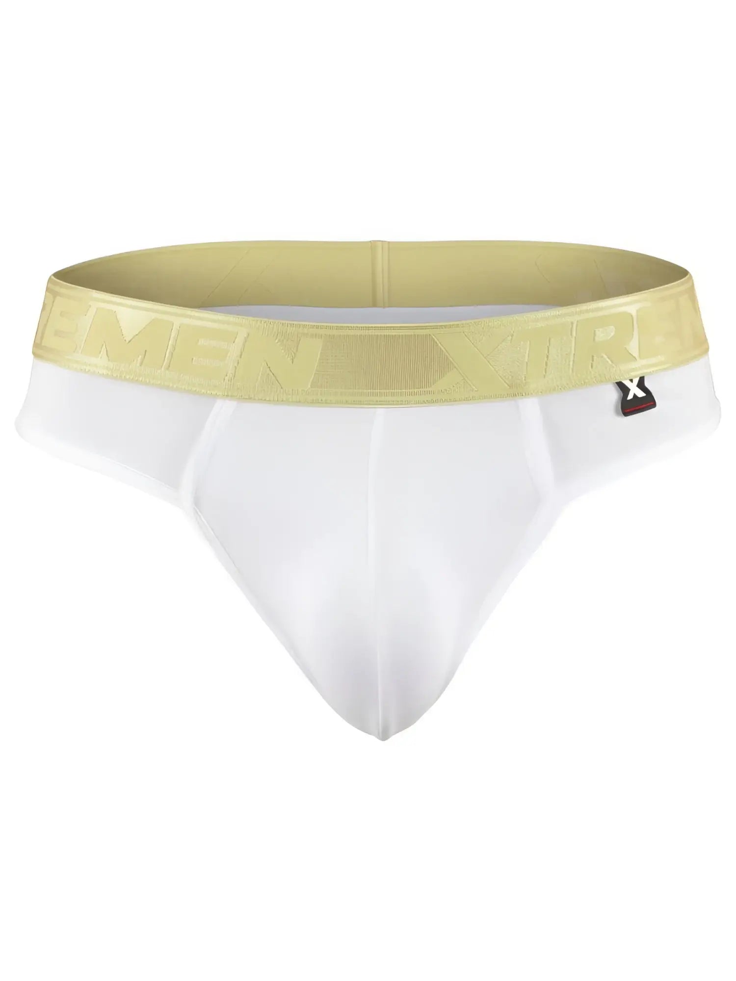 Xtremen white cotton bikini brief with metallic gold logo waistband.