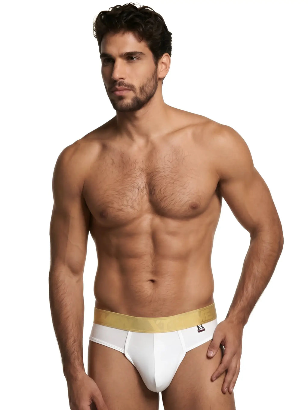 Xtremen white bikini brief with gold branded waistband. Model 90280. Lightweight, stretchy fabric.