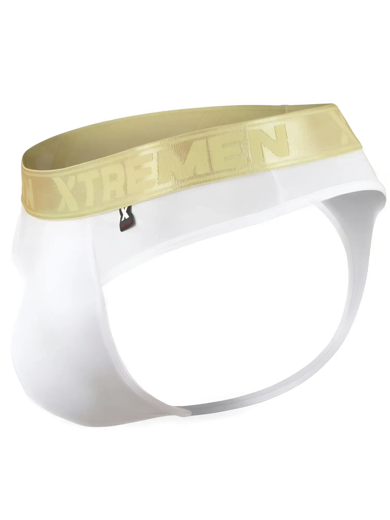 Xtremen men's white jockstrap with gold logo waistband and small brand tag. Smooth fabric.