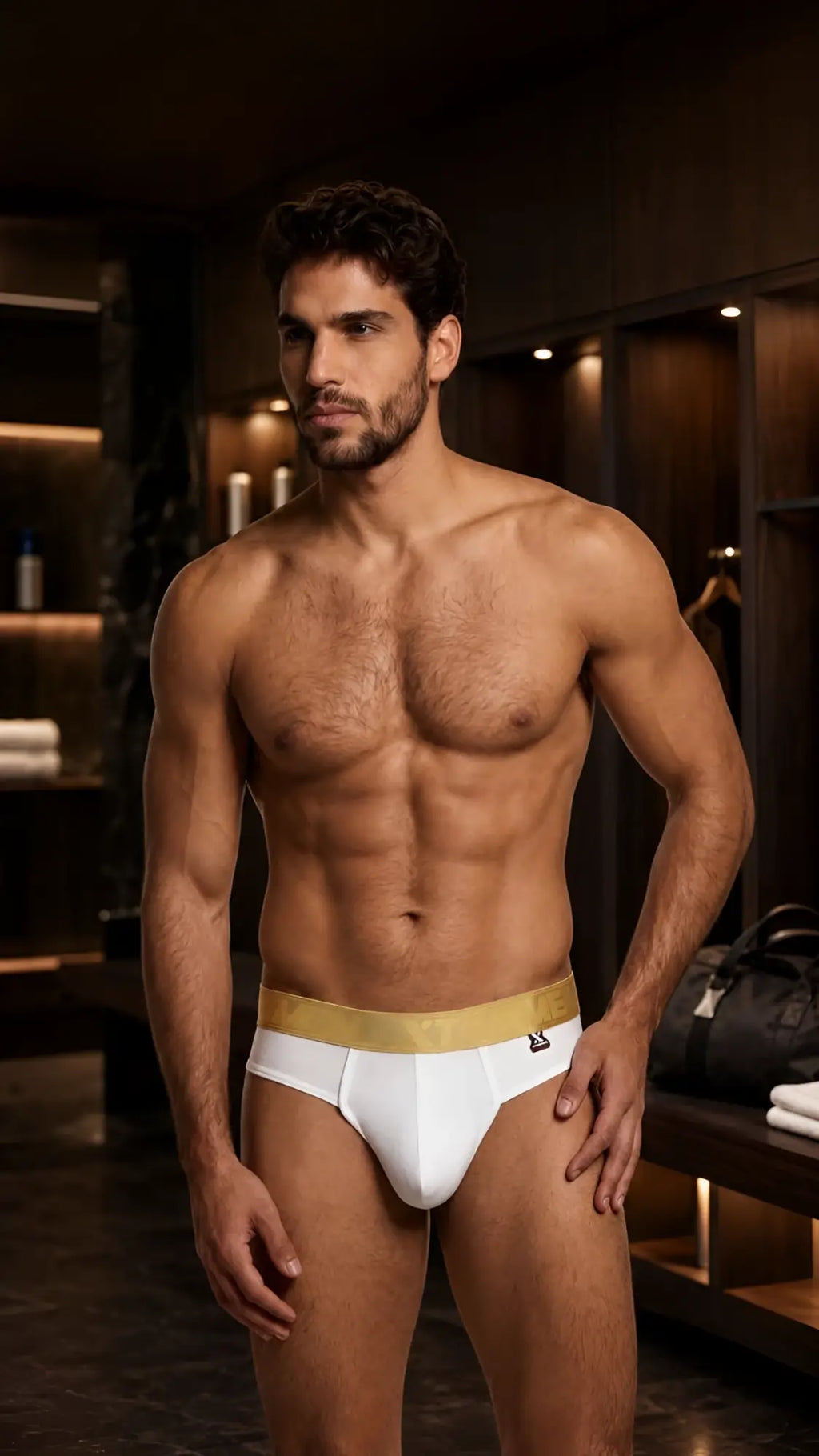 Xtremen men’s white microfiber bikini brief with gold branded waistband. Model 21102.