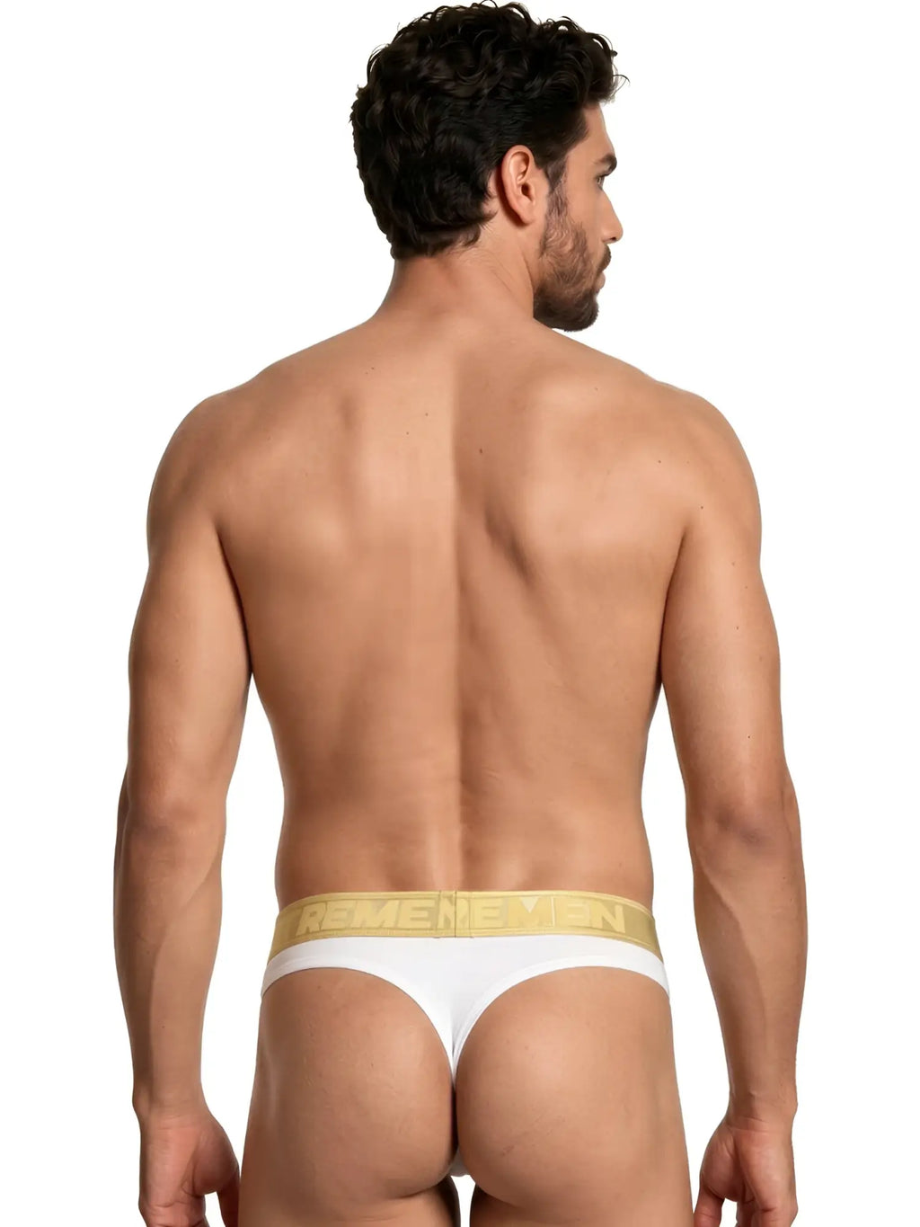 Xtremen white thong with gold branded waistband. Back view of model.