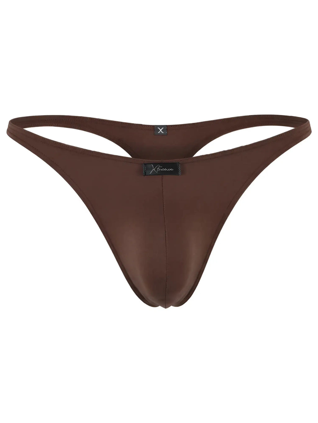 Xtremen brown thong, style 91522. Smooth, stretch fabric with minimalist design and branded front tab.