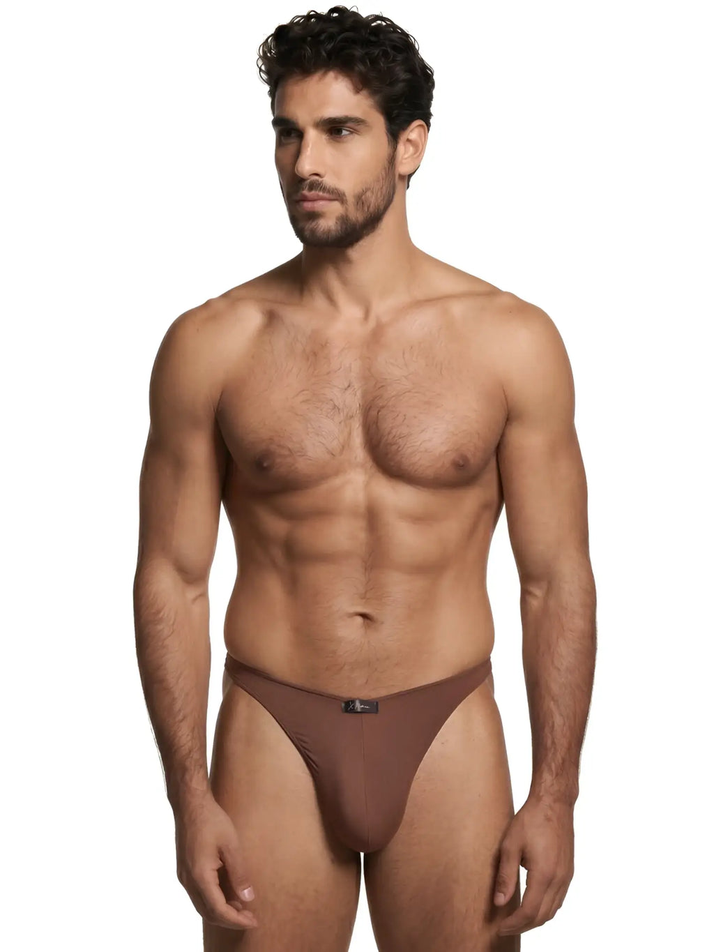 Xtremen brown bikini brief. Smooth fabric with small front logo tab. Minimalist design for everyday comfort.