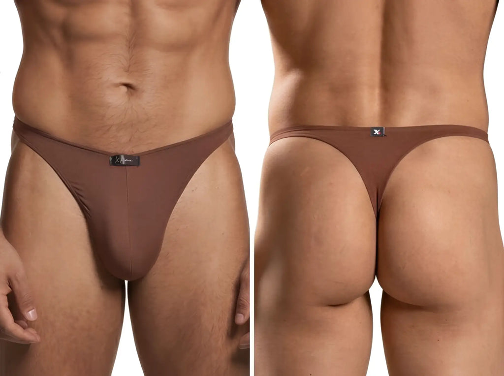 Xtremen brown thong with front and back views. Soft, stretchy fabric, features Xtremen logo tag.