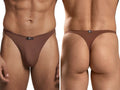 Xtremen brown thong with front and back views. Soft, stretchy fabric, features Xtremen logo tag.