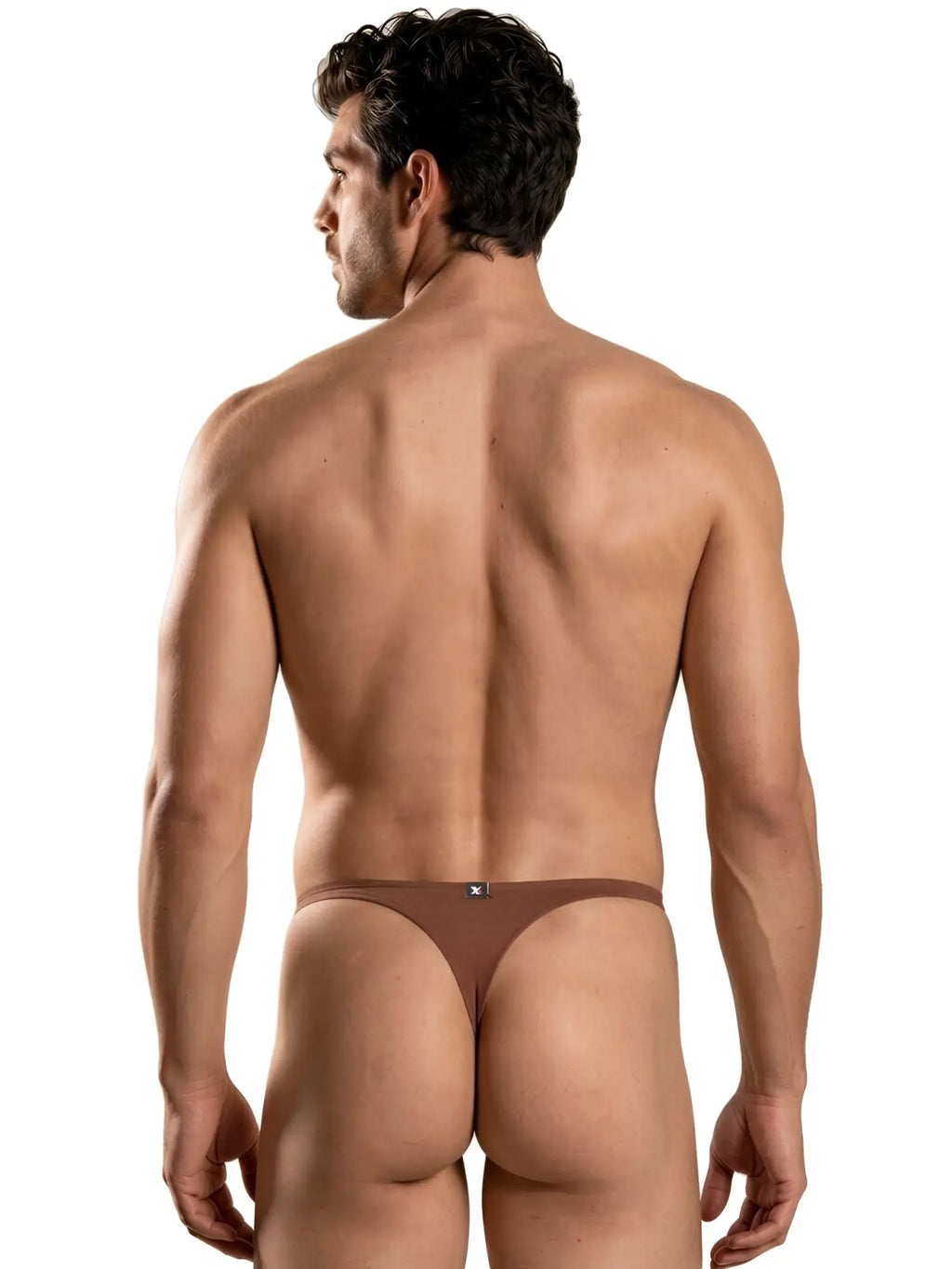 Xtremen brown ribbed thong, model 92570, featuring a minimalist back design on a muscular male model.
