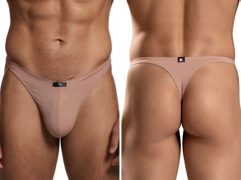 Xtremen thong in nude, featuring a smooth, stretch fabric. Shown from front and back on a male model.
