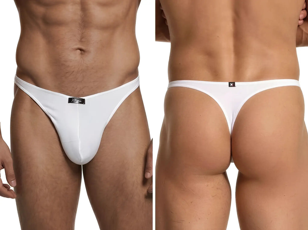 Xtremen white cotton-blend thong. Front and back view of the slim-fit men's g-string style.