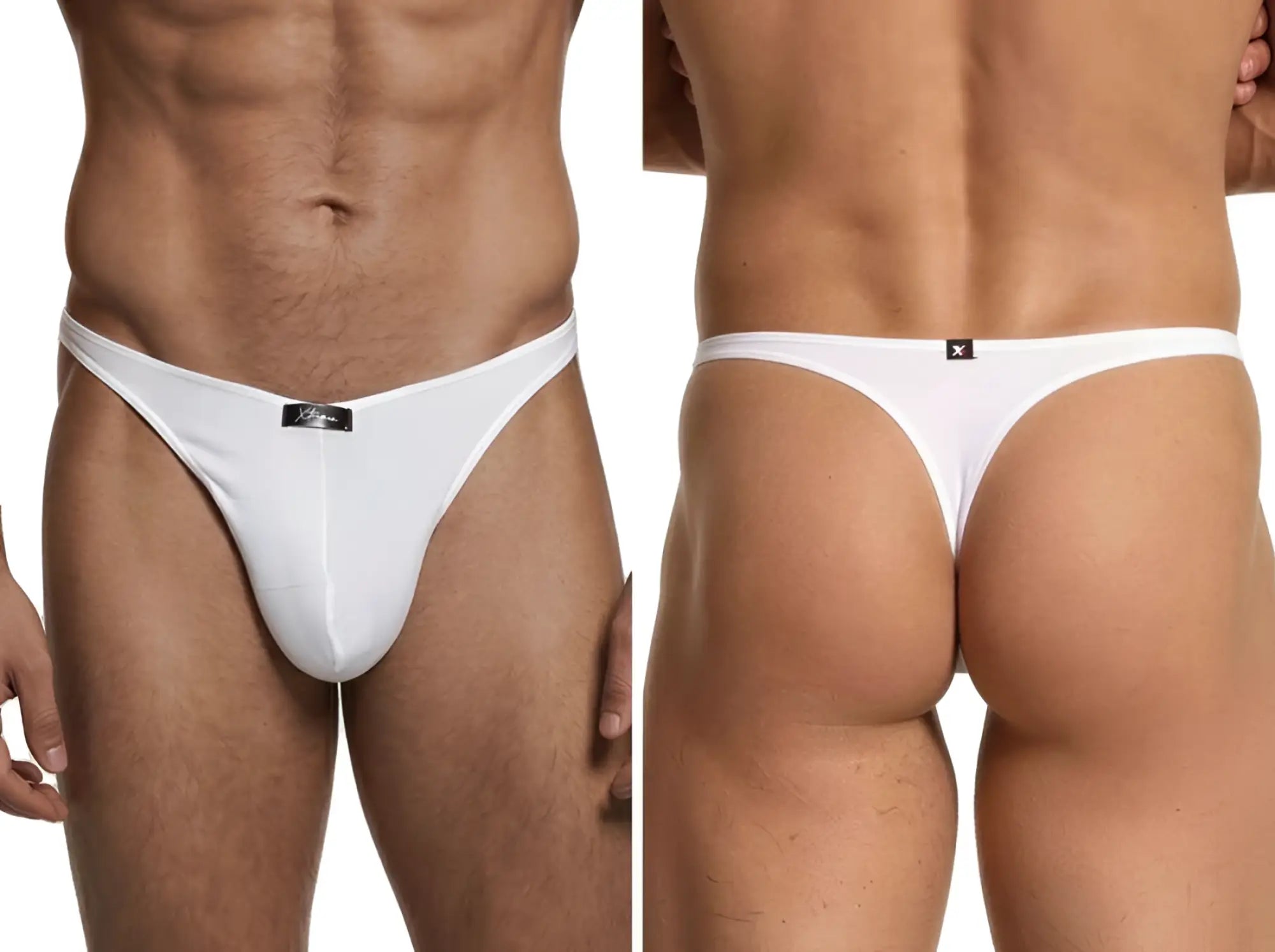 Xtremen white cotton-blend thong. Front and back view of the slim-fit men's g-string style.