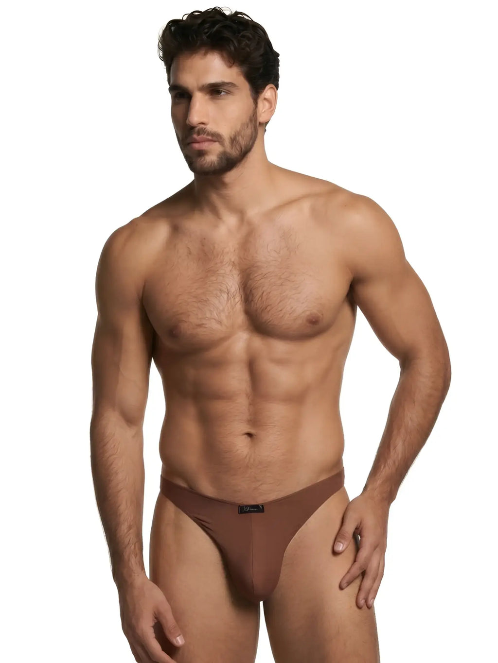Xtremen men’s brown bikini briefs in smooth, soft-stretch fabric. Model-style product shot.