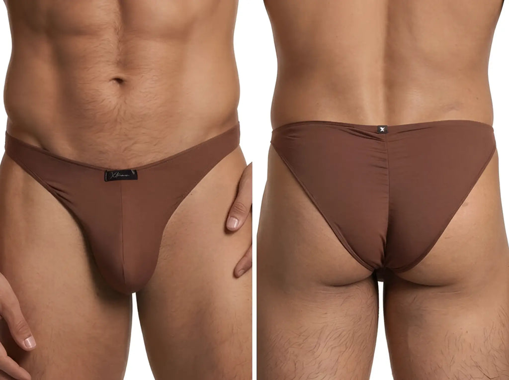 Xtremen brown bikini briefs. Comfortable, soft stretch fabric. Front and back view of men's underwear.