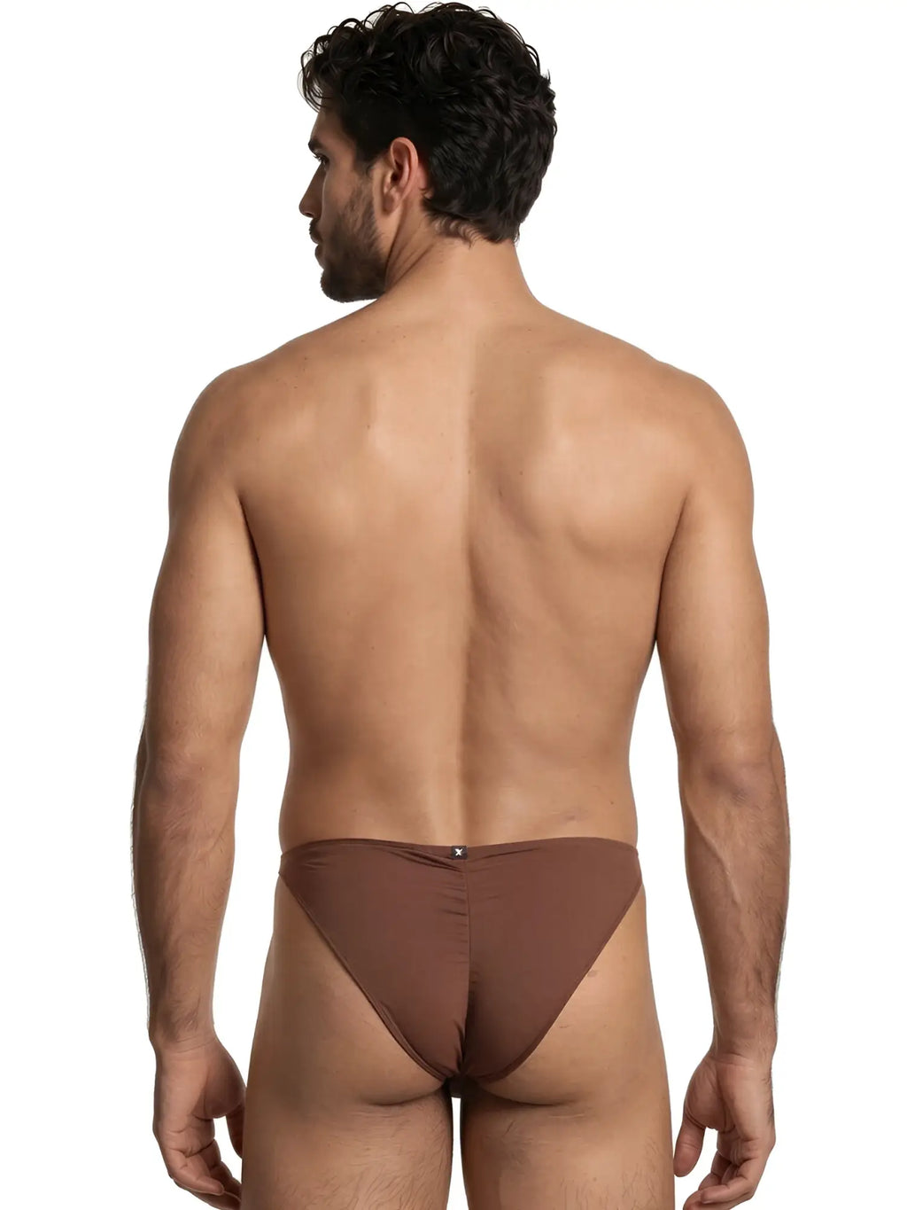 Xtremen 98319 brown bikini brief in stretch fabric, back view on a male model.