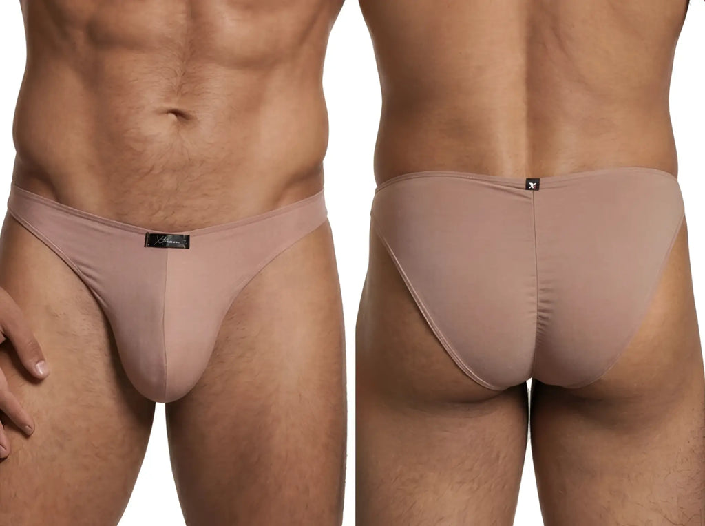 Xtremen beige cotton bikini briefs. Front and back view of soft fabric men's underwear with a branded waistband tag.