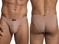 Xtremen beige cotton bikini briefs. Front and back view of soft fabric men's underwear with a branded waistband tag.