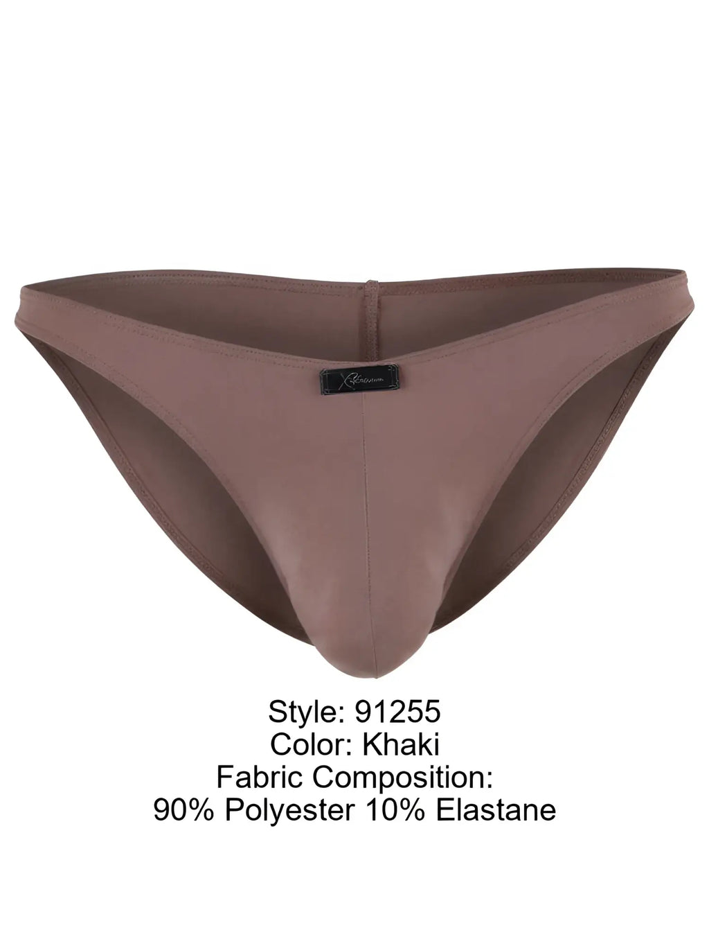 Xtremen khaki bikini brief (model 91255) in polyester elastane fabric with brand logo patch on the front.