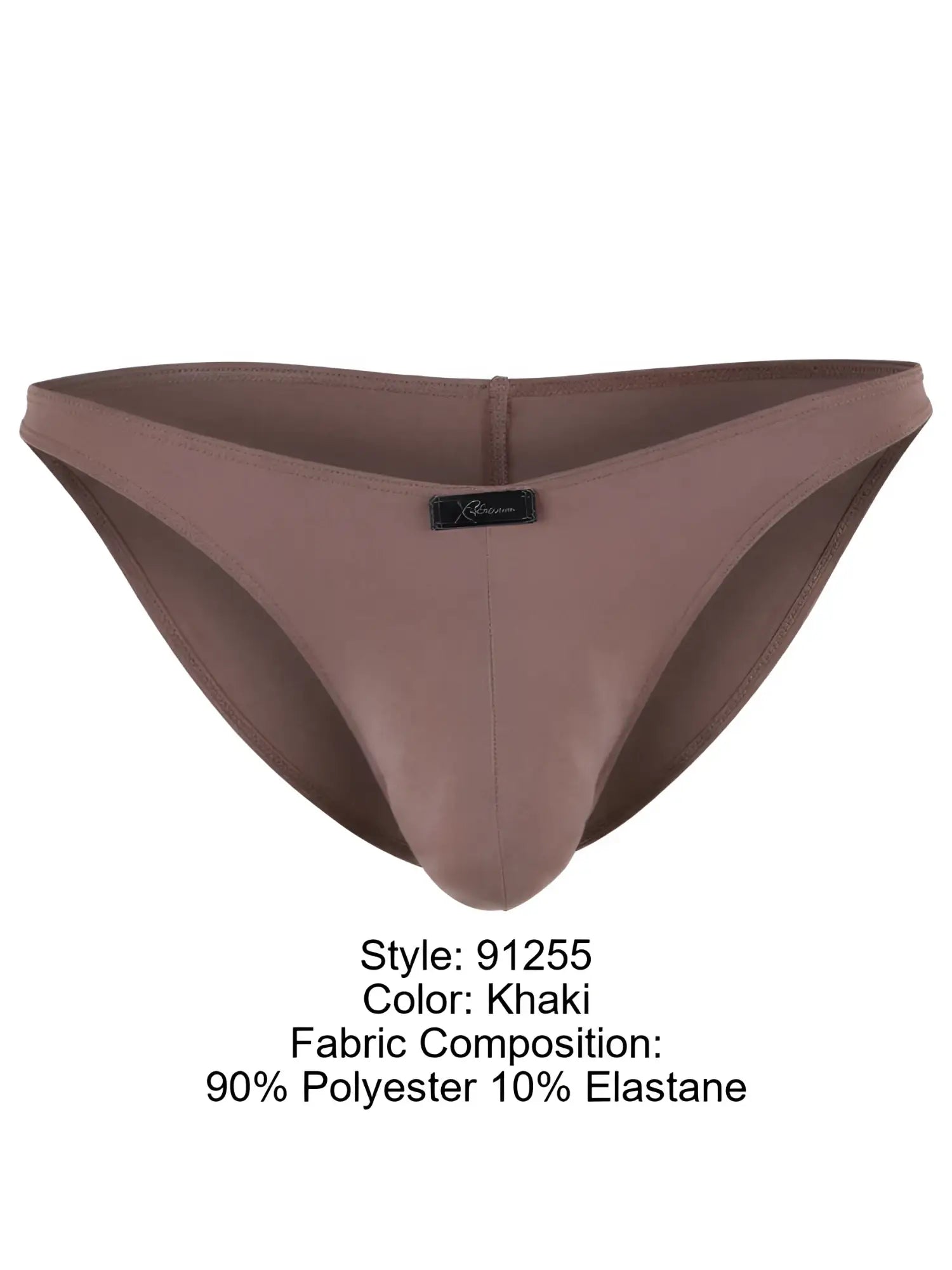 Xtremen khaki bikini brief (model 91255) in polyester elastane fabric with brand logo patch on the front.