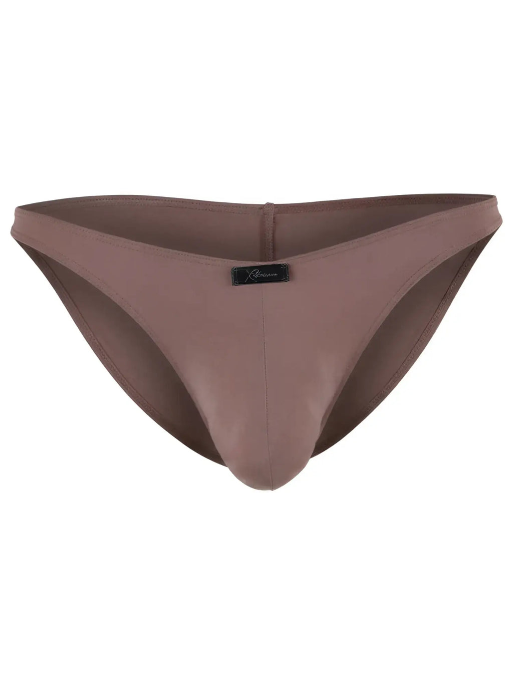 Xtremen brown bikini brief in soft matte fabric. Features a small branded logo tab. Minimalist design.