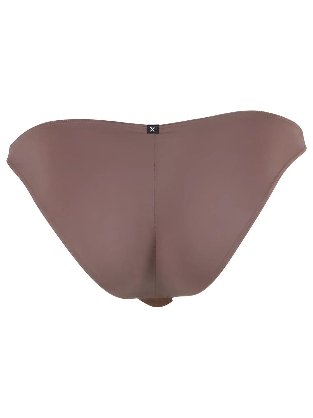 Xtremen brown bikini brief, rear view. Smooth, soft-touch fabric with centre seam and 'X' logo tab at waistband.