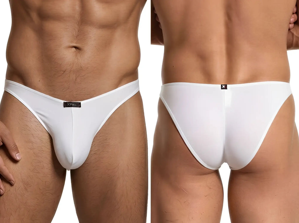 Xtremen white bikini brief. Smooth microfibre fabric with front and back logo branding. Front and rear view.
