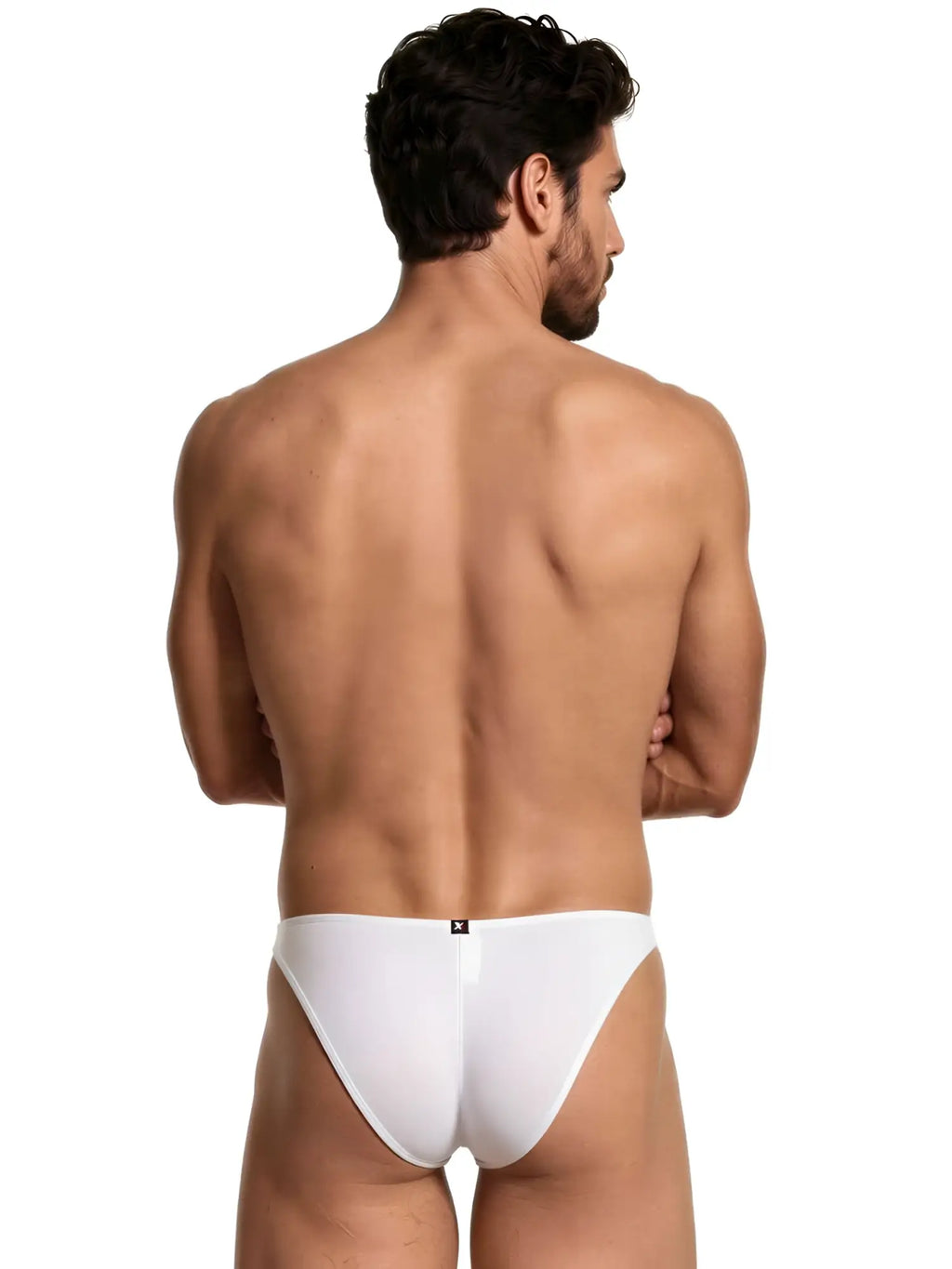 Xtremen white bikini brief. Smooth fabric, minimalist style. Rear view of model.