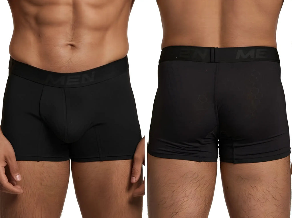 Xtremen men's black boxer trunks with honeycomb print and branded elastic waistband. Front and back view.