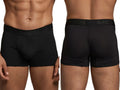 Xtremen men's black boxer trunks with honeycomb print and branded elastic waistband. Front and back view.
