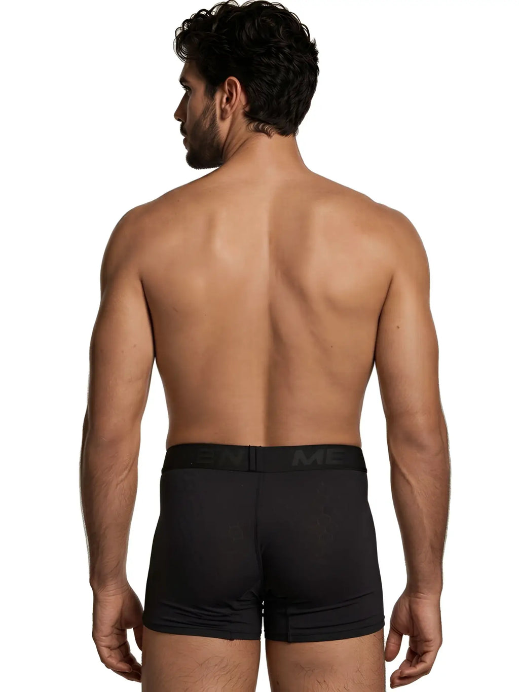 Xtremen black boxer briefs with a subtle honeycomb pattern and branded waistband. Back view of a male model.