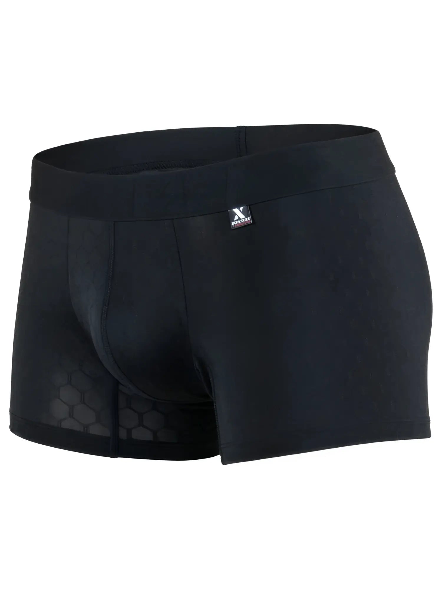 Xtremen black honeycomb boxer trunks with X logo tag on waistband. Textured fabric finish.