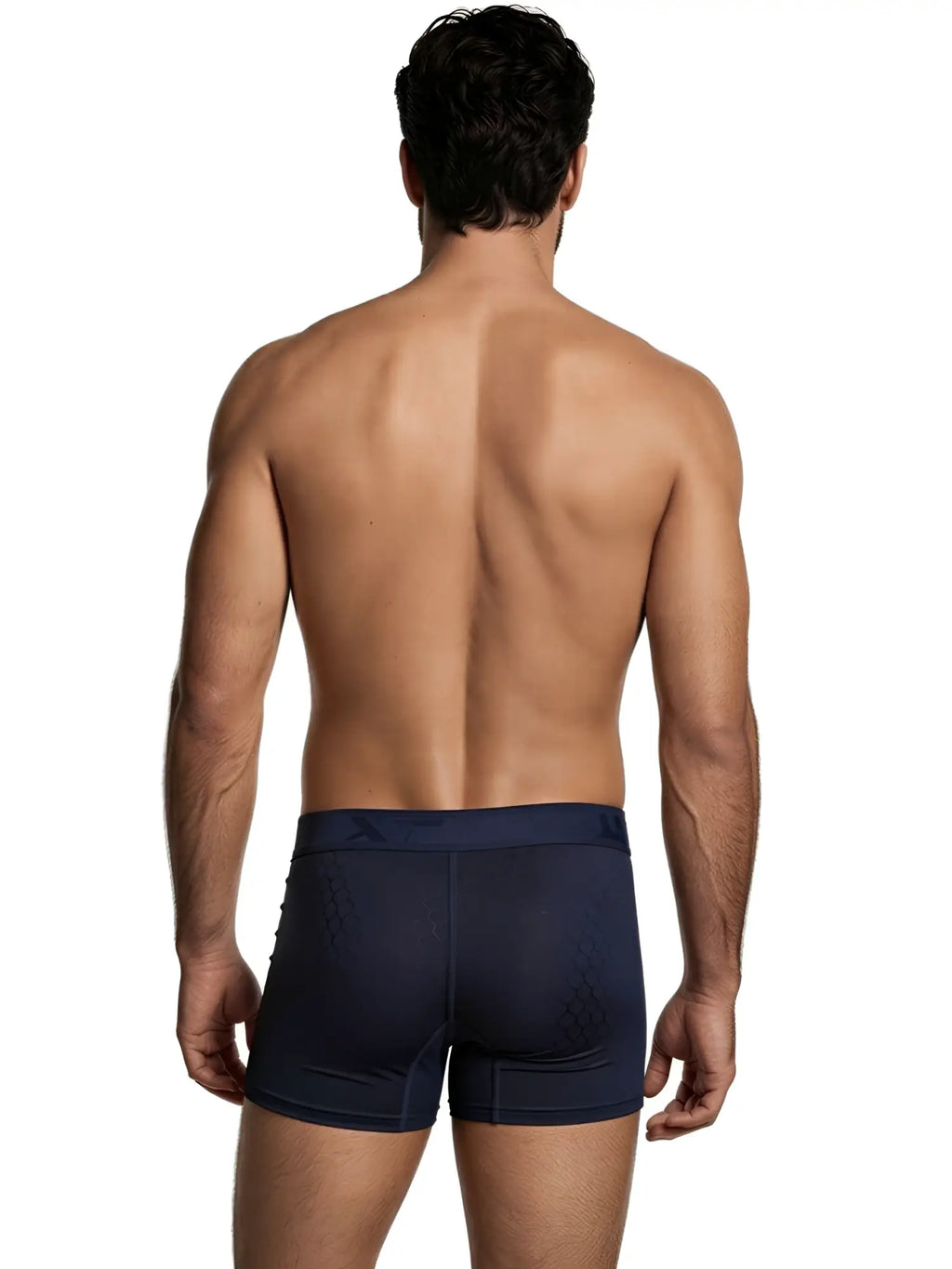 Xtremen navy boxer briefs with a subtle honeycomb pattern and branded elastic waistband. Rear view.