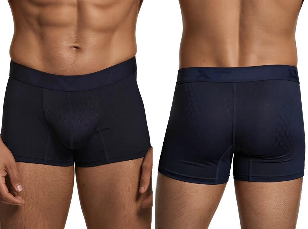 Xtremen navy blue trunks with hexagonal pattern. Model 91270. Comfortable low-rise fit with branded elastic waistband.