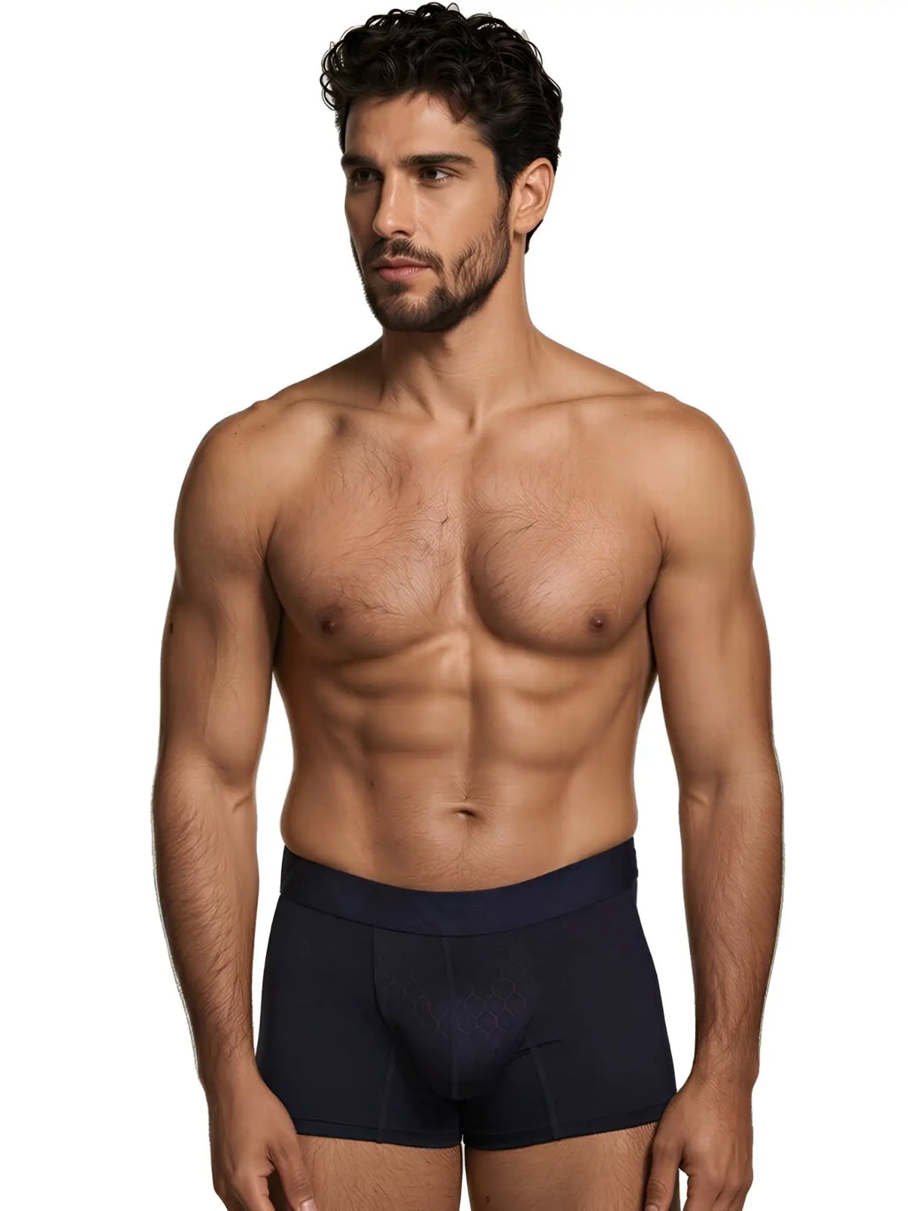Xtremen navy blue trunk with honeycomb textured pouch detail. Model showing comfortable, fitted fabric.