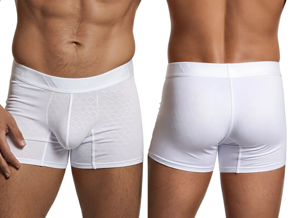 Xtremen white boxer briefs with textured geometric pattern. Front and back view of the fitted style.