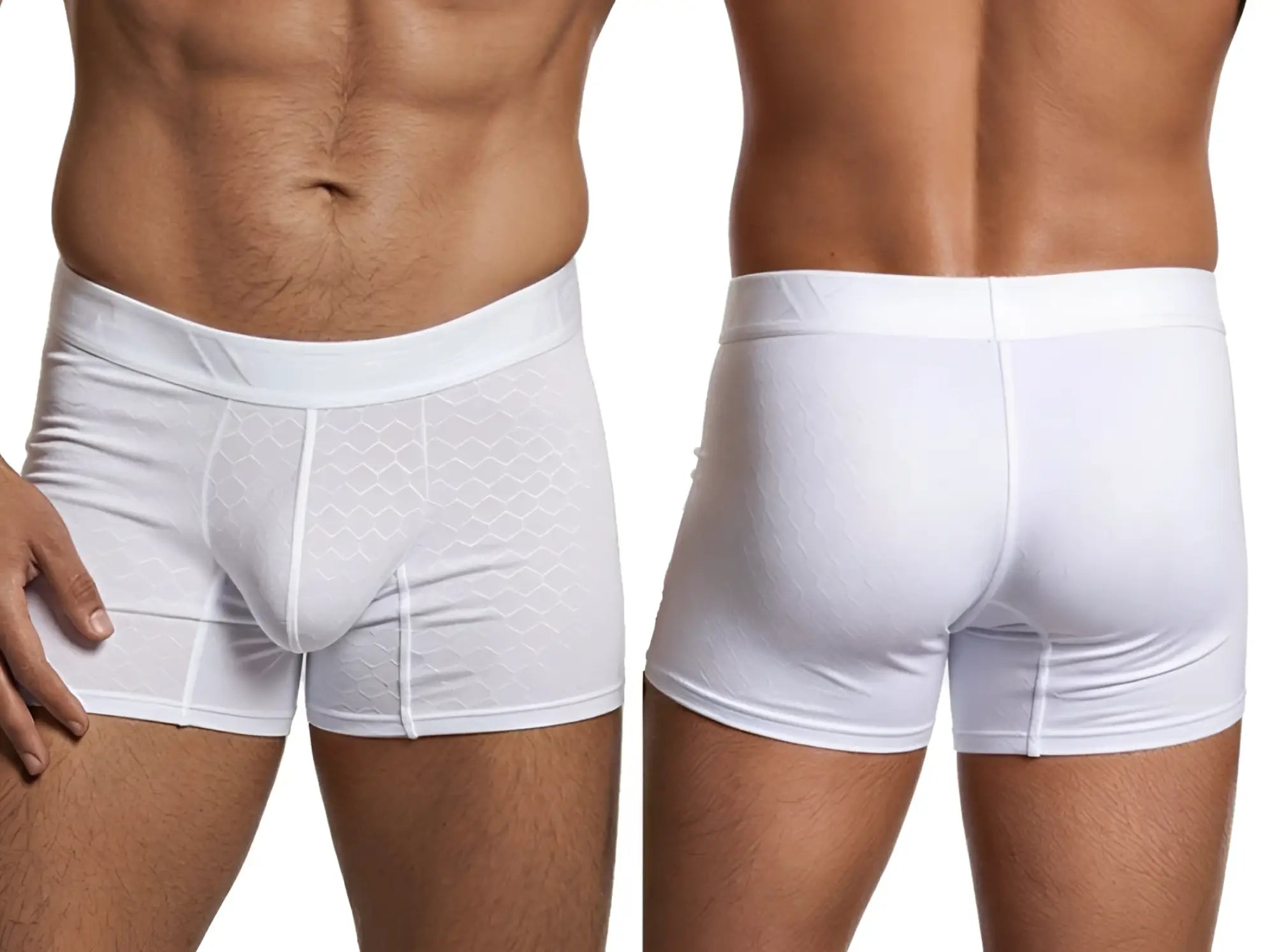 Xtremen white boxer briefs with textured geometric pattern. Front and back view of the fitted style.