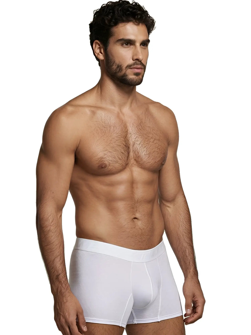 Xtremen white textured-fabric boxer trunk. Model is wearing a mid-rise fitted style with an elastic waistband.