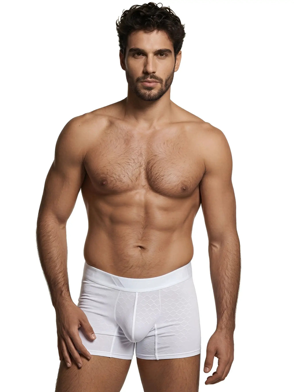 Xtremen white boxer briefs with a textured hexagonal pattern, worn by a male model.