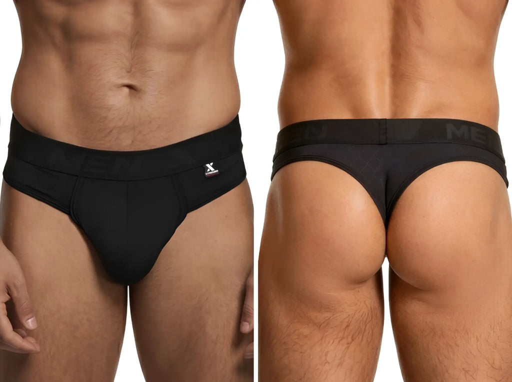 Xtremen men's black thong, model 96250. Comfortable fabric featuring branded waistband, shown from front and back.