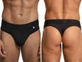 Xtremen men's black thong, model 96250. Comfortable fabric featuring branded waistband, shown from front and back.