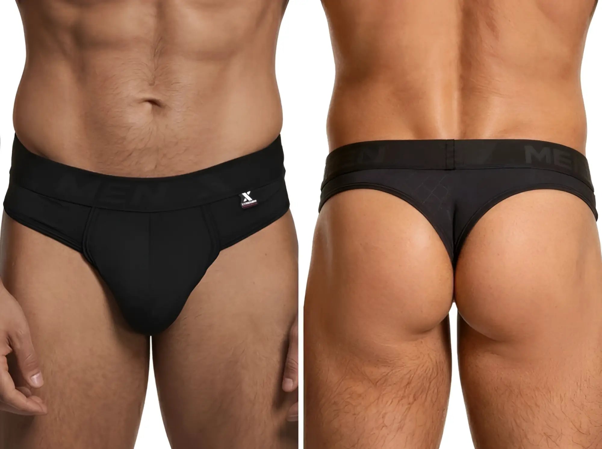 Xtremen men's black thong, model 96250. Comfortable fabric featuring branded waistband, shown from front and back.