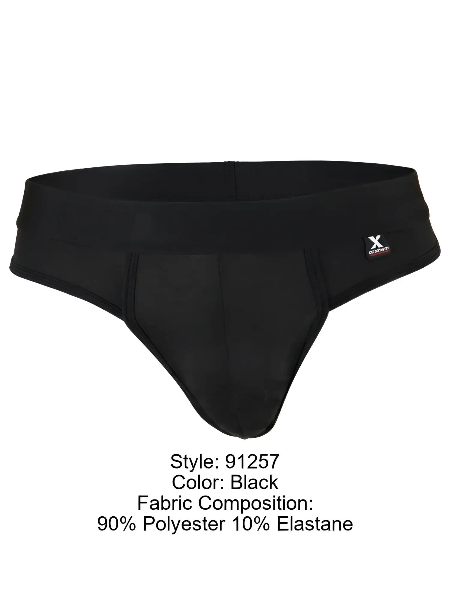 Xtremen men's black brief, style 91257, in 90% polyester and 10% elastane.