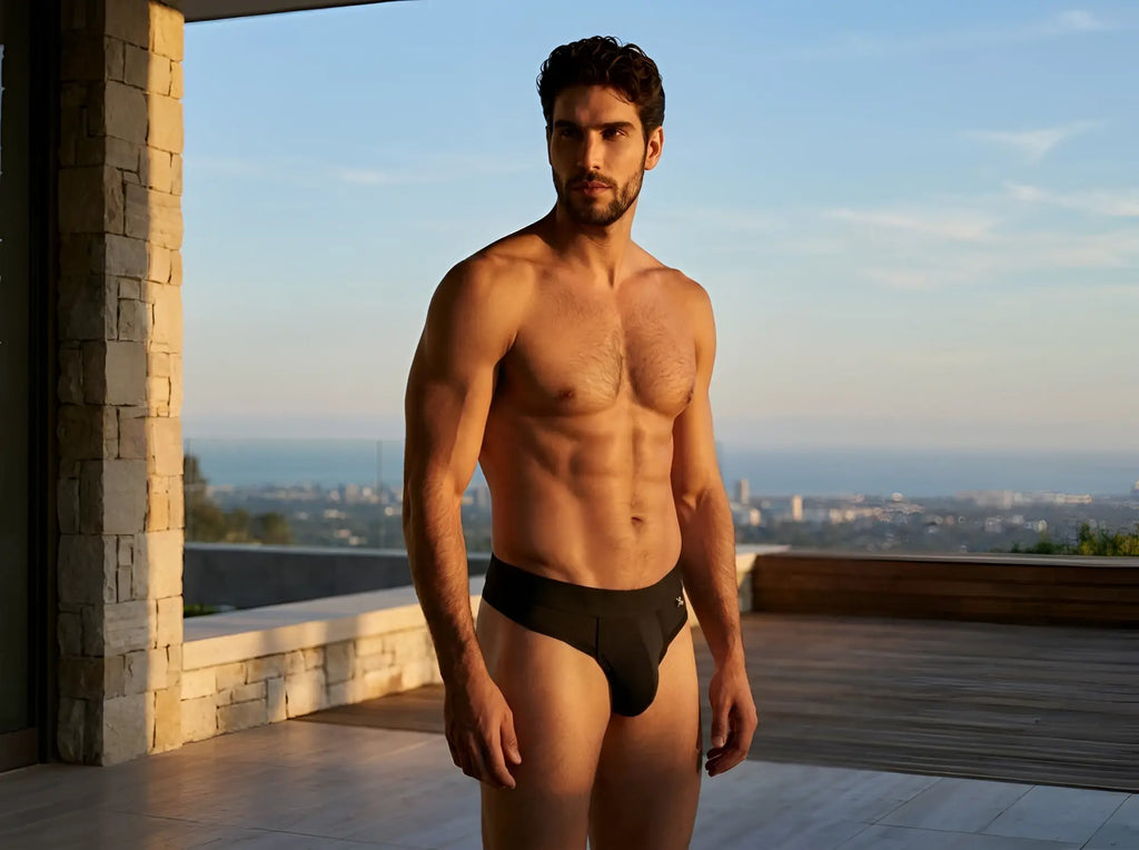 Xtremen men’s black thong, model 90910, in a soft cotton-blend fabric. A minimalist, supportive design.