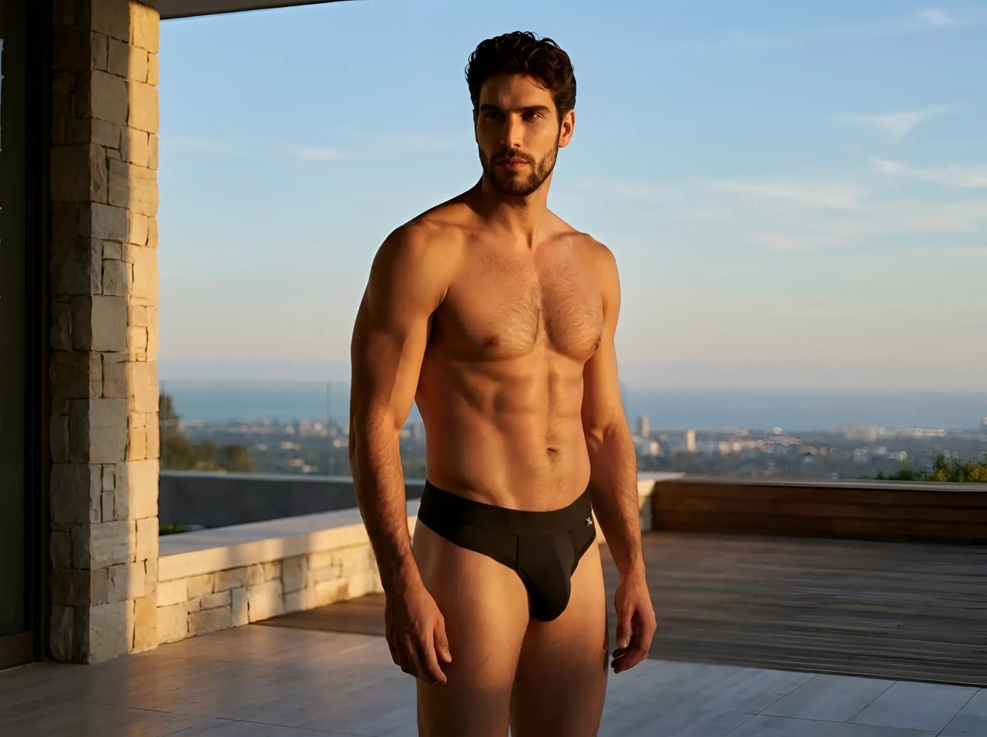 Xtremen men’s black thong, model 90910, in a soft cotton-blend fabric. A minimalist, supportive design.