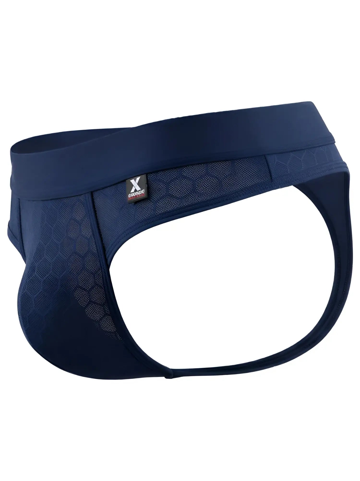 Xtremen navy mesh jockstrap with honeycomb texture and branded waistband. Model 95536.