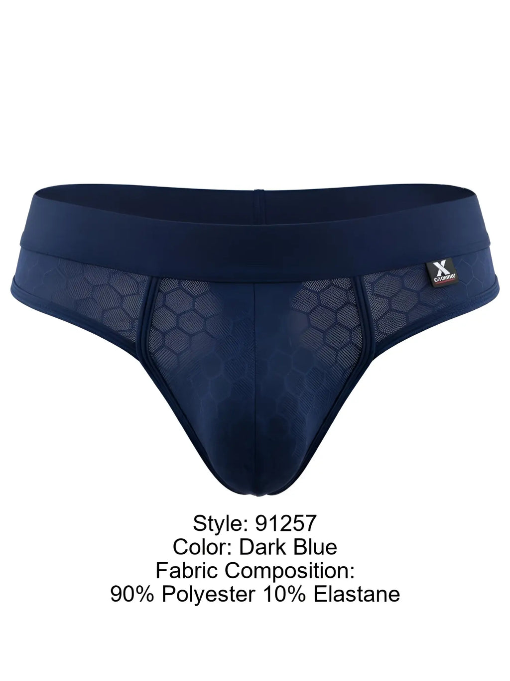 Xtremen 91257 dark blue brief in honeycomb-patterned polyester elastane mesh.